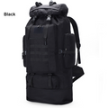 Black ECOTREK 100L hiking and camping backpack with multiple compartments, adjustable straps, and large capacity for outdoor travel.
