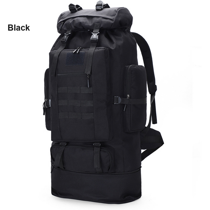 Black ECOTREK 100L hiking and camping backpack with multiple compartments, adjustable straps, and large capacity for outdoor travel.