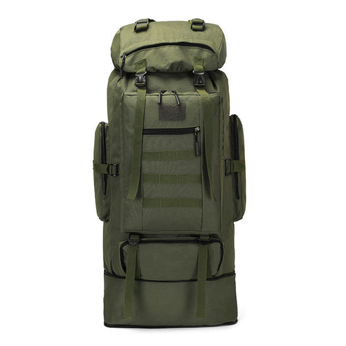 Black ECOTREK 100L hiking and camping backpack with multiple straps and large capacity for outdoor travel and adventure.