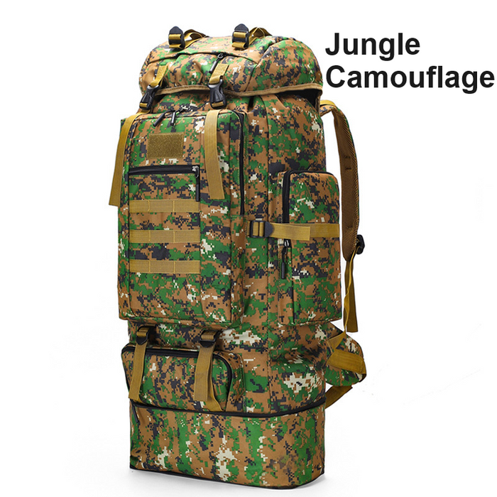 Black ECOTREK 100L hiking and camping backpack with large capacity outdoor travel bag, featuring multiple compartments and adjustable straps.