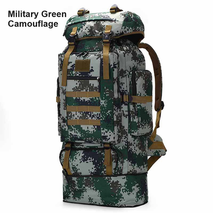 Black ECOTREK 100L hiking and camping backpack with multiple compartments and adjustable straps for outdoor travel.