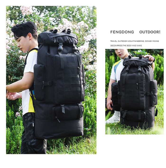 Black ECOTREK 100L hiking and camping backpack with large capacity, adjustable straps, multiple compartments, ideal for outdoor travel.