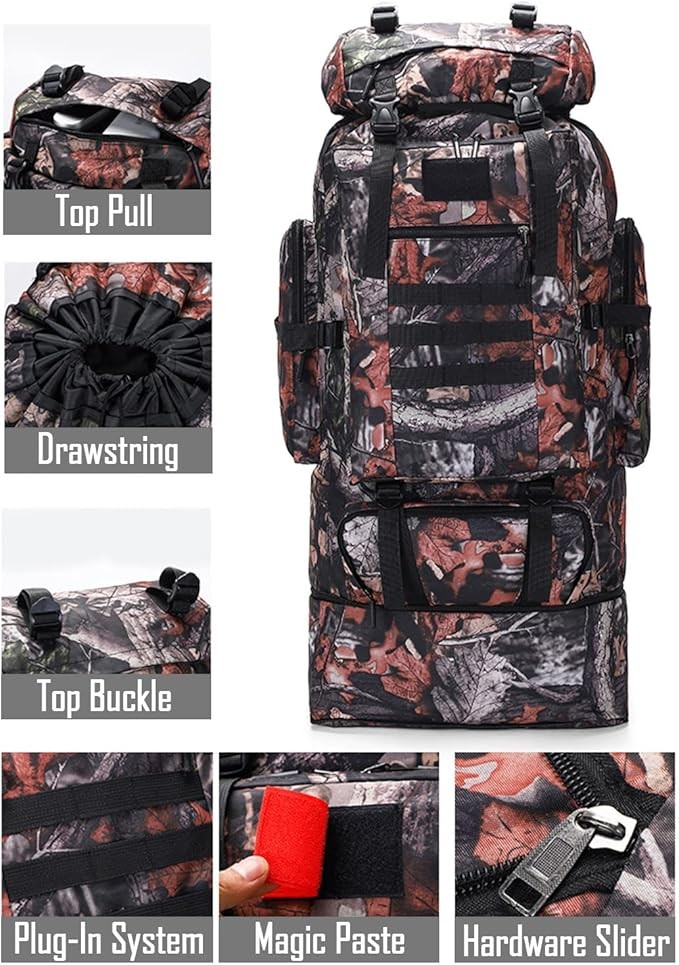 Black ECOTREK 100L hiking and camping backpack with large capacity, adjustable straps, and multiple compartments for outdoor travel.