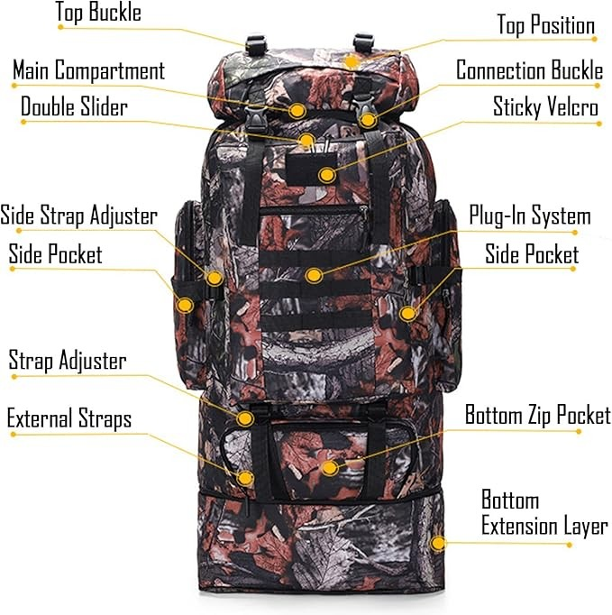Black ECOTREK 100L hiking and camping backpack with adjustable straps, large capacity outdoor travel bag for outdoor adventures.