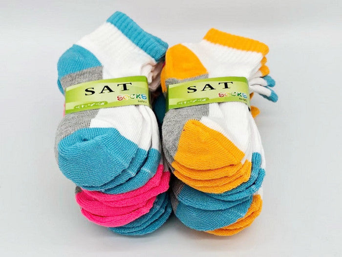 Pair of kids' ankle cushion socks from dealonline.co.nz for ages 2 to 4, featuring soft fabric and colorful patterns.
