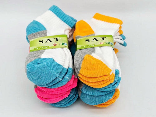 Pair of kids' ankle cushion socks from dealonline.co.nz for ages 2 to 4, featuring soft fabric and colorful patterns.