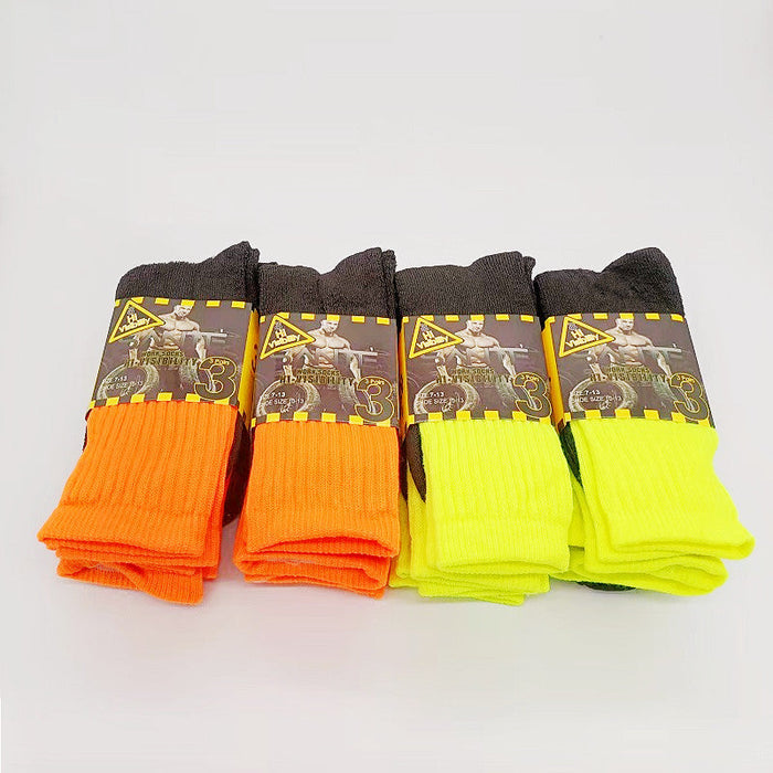 Pair of high visibility safety work socks by dealonline.co.nz, cushioned for comfort and durability in industrial or construction settings.