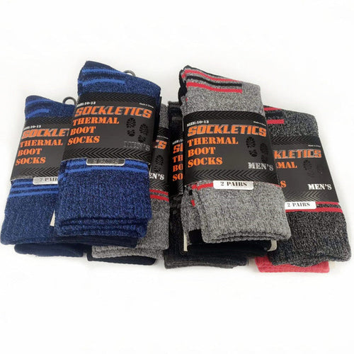 Pair of dealonlinenz thermal crew work socks in black and gray, designed for warmth and durability during work or outdoor activities.