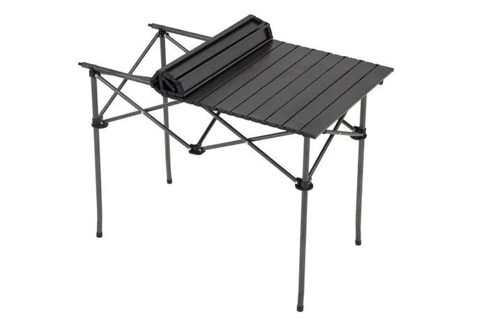 Black 120 cm portable folding camping table by ECOTREK, ideal for outdoor cooking, picnics, and outdoor activities.
