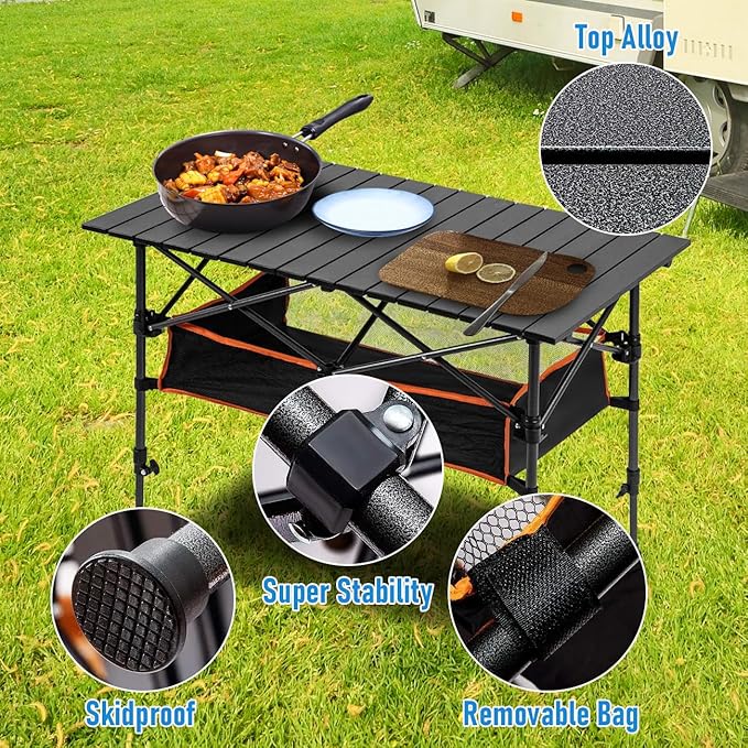 ECOTREK 120cm foldable camping table with adjustable height, portable outdoor table for camping and outdoor activities.