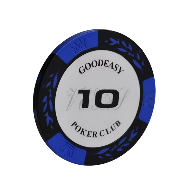 Set of 25 red and white 14g poker chips with casino tokens, featuring the dealonline.co.nz branding in a close-up view.