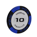 Set of 25 red and white 14g poker chips with casino tokens, featuring the dealonline.co.nz branding in a close-up view.