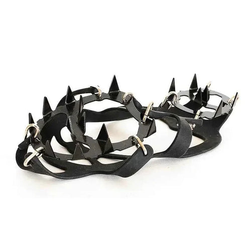 Mead's Supply & Equipment Outfitters 18-tooth stainless steel ice crampons for climbing with silicone anti-slip traction, size M-L.