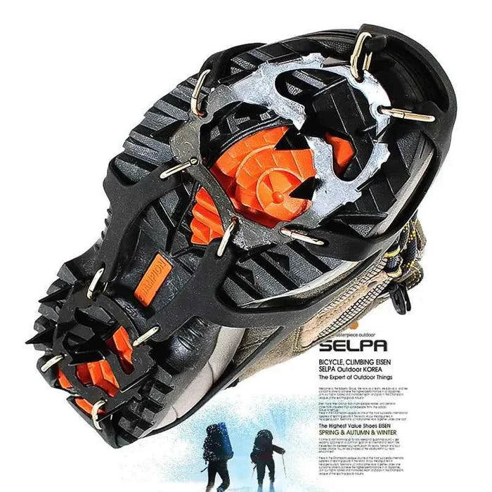Mead's Supply & Equipment Outfitters 18-tooth stainless steel ice crampons with silicone anti-slip traction for climbing, size M or L.