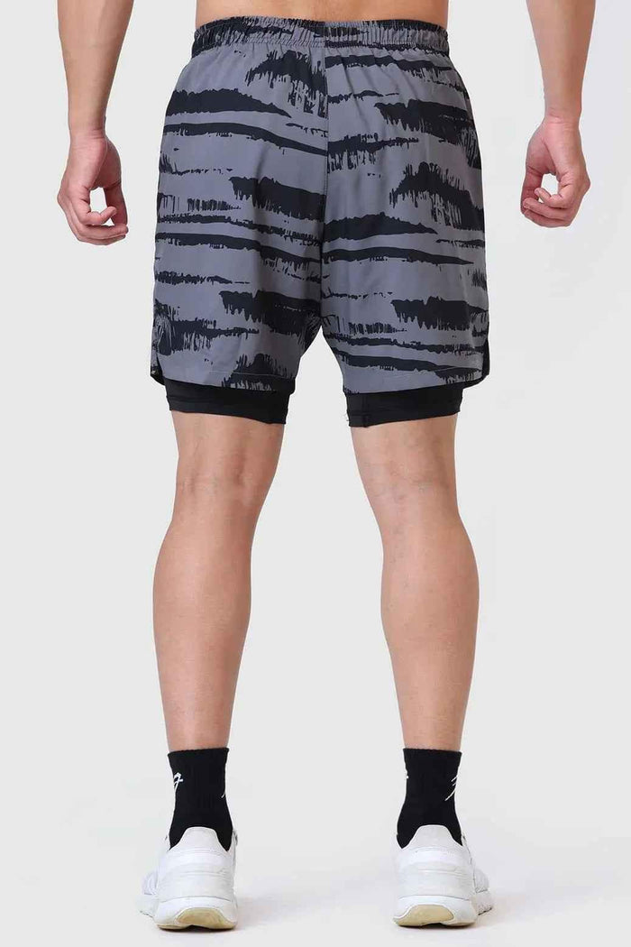 Fuaark Nz 2-in-1 printed compression shorts in gold and grey with sleek design, suitable for active wear and workouts.