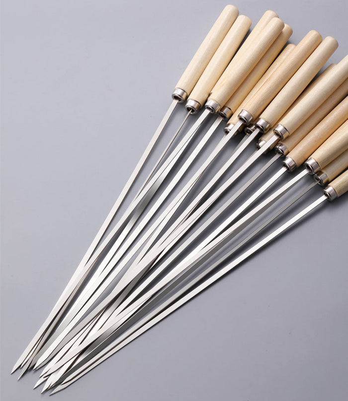 Set of 20 stainless steel BBQ skewers with wooden handles, 33.5cm long, ideal for grilling and outdoor cooking.