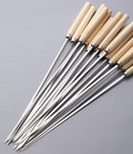 Set of 20 stainless steel BBQ skewers with wooden handles, 33.5cm long, ideal for grilling and outdoor cooking.