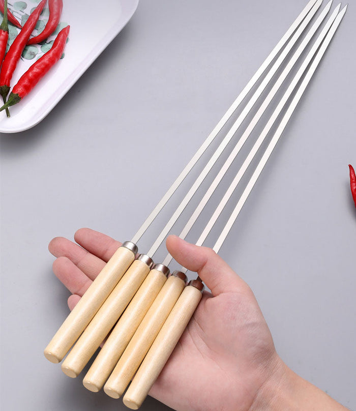 Set of 20 stainless steel BBQ skewers with wooden handles, 33.5cm long, ideal for grilling and outdoor cooking.