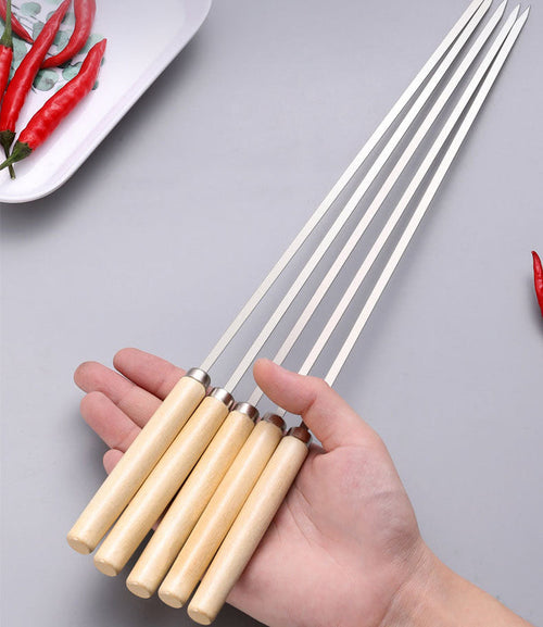 Set of 20 stainless steel BBQ skewers with wooden handles, 33.5cm long, ideal for grilling and outdoor cooking.