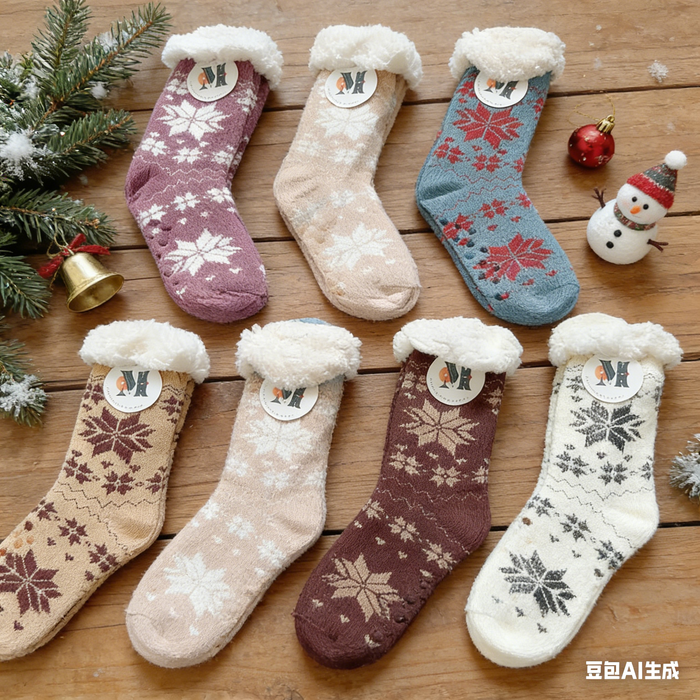 Pair of 24 women's fuzzy winter slippers with soft fabric and non-slip grippers, ideal for warmth and comfort at home.
