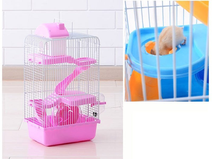 Pink 3-tier hamster mouse cage with castle design, featuring multiple levels and spacious play areas for small pets.