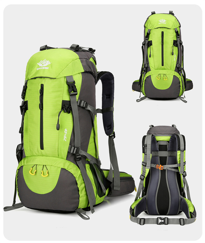 Orange ECOTREK 50L waterproof hiking backpack with multiple straps and compartments for outdoor camping and climbing adventures.