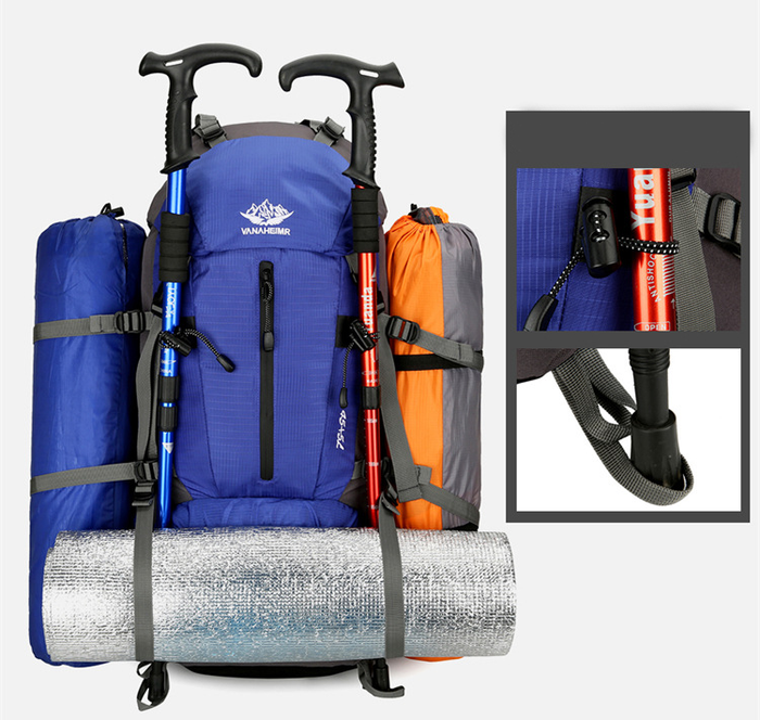 Orange ECOTREK 50L waterproof hiking backpack with multiple compartments, designed for outdoor camping and climbing adventures.