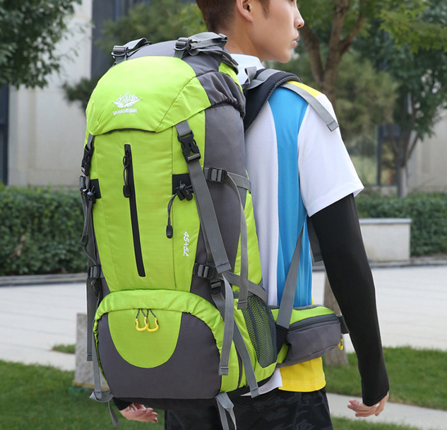 Orange ECOTREK 50L waterproof hiking backpack with multiple compartments, ideal for outdoor camping and climbing adventures.