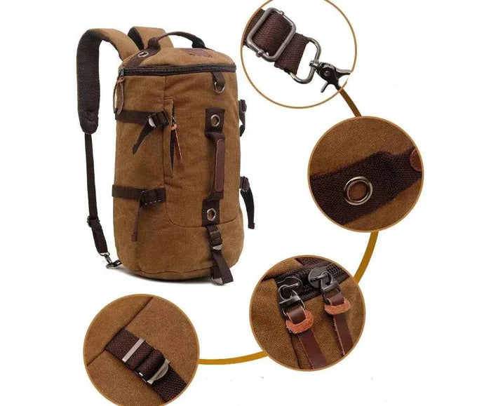 Brown 50L canvas hiking backpack with retro style, leather accents, and adjustable straps, designed for men's outdoor travel and hiking.