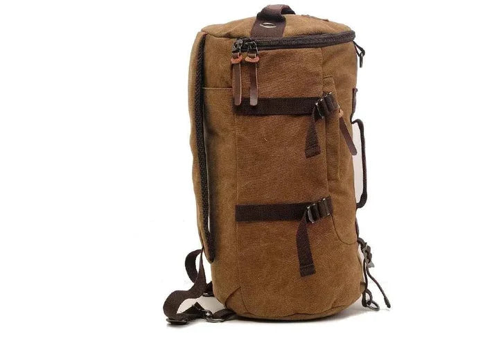 Brown 50L Canvas Hiking Backpack by Mead's Supply & Equipment Outfitters with retro style, leather accents, men's outdoor travel rucksack
