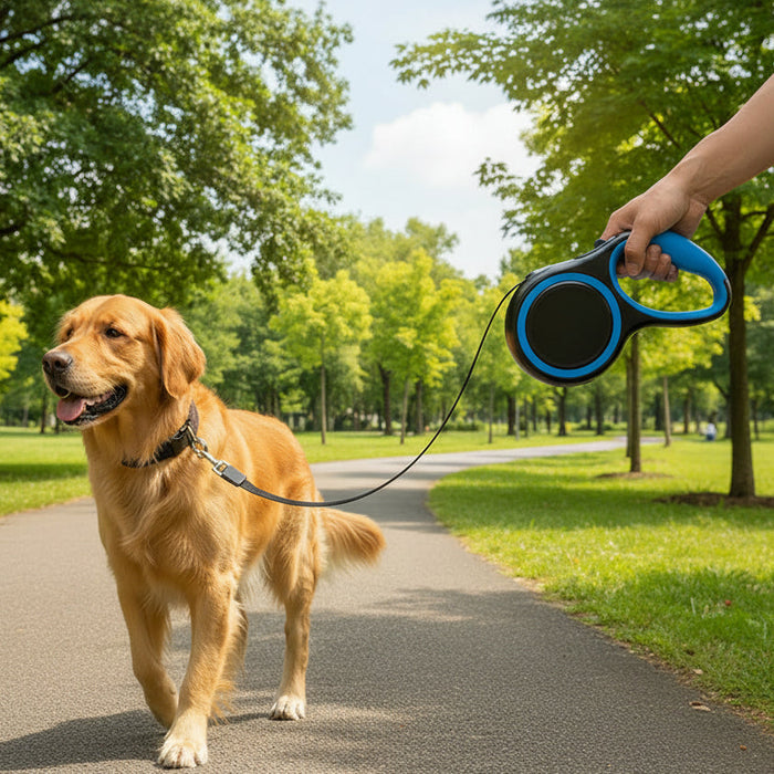 Retractable dog leash by dealonline.co.nz, 5 meters long, strong and flexible, with extendable lock for secure pet walking.