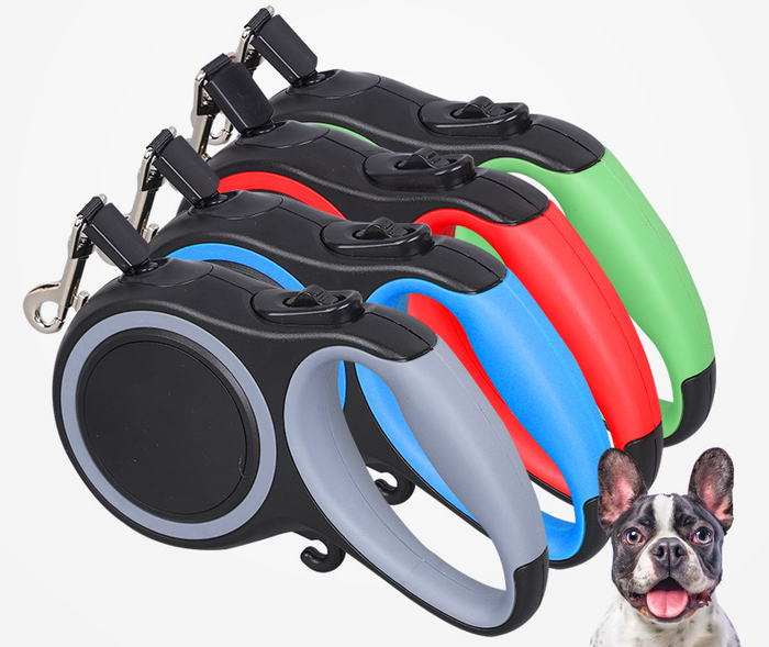 Retractable dog leash by dealonline.co.nz, 5M length, 20KG capacity, durable, flexible, with locking mechanism for outdoor walks.