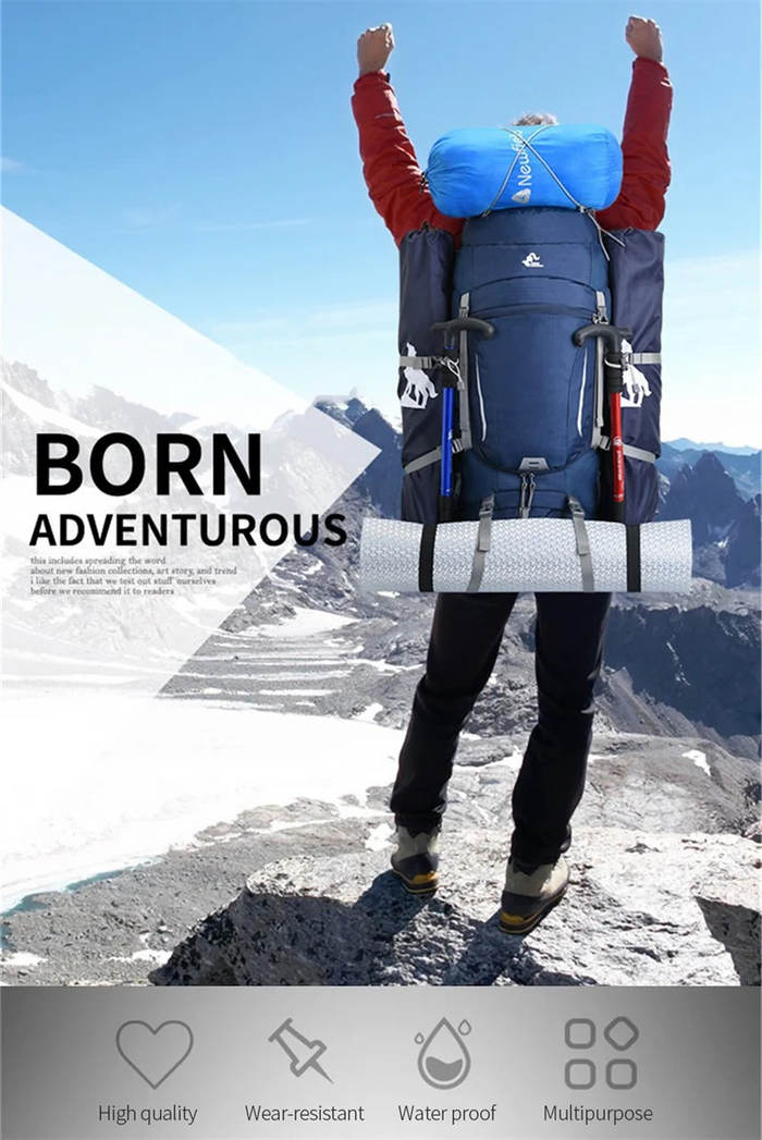 Black ECOTREK 60L camping backpack with multiple compartments, ideal for hiking, climbing, and mountaineering adventures.