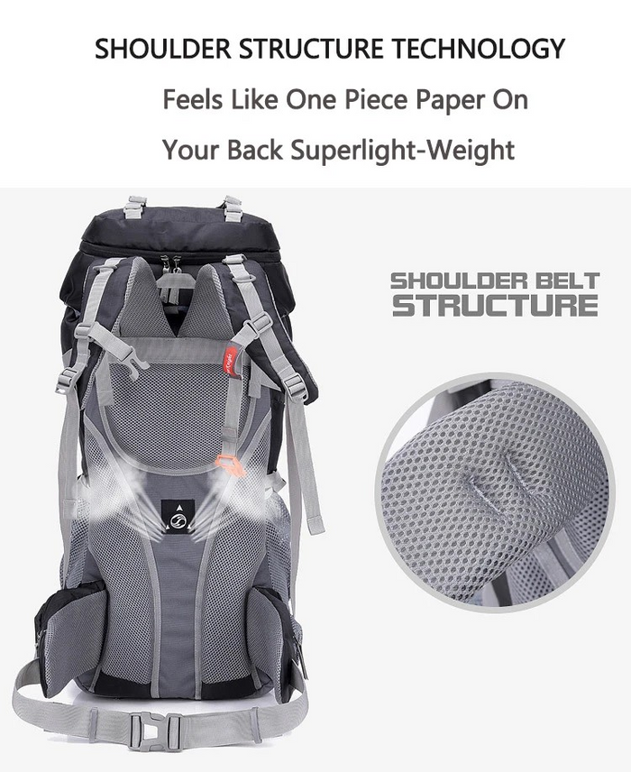 Black ECOTREK 60L camping backpack designed for hiking, climbing, and mountaineering with adjustable straps and multiple compartments.