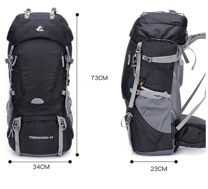 Black ECOTREK 60L camping backpack with multiple compartments, suitable for hiking, climbing, and mountaineering adventures.