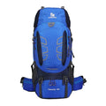 Blue 60L outdoor hiking backpack by Mead's Supply & Equipment Outfitters with water-resistant design for outdoor adventures.