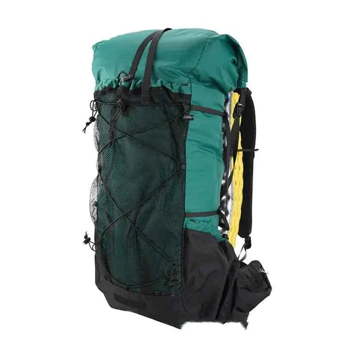 Green 70L Oxford hiking backpack from Mead's Supply & Equipment Outfitters, water-resistant travel pack with large capacity for camping.