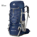 Blue ECOTREK 75L camping and hiking backpack with rain cover, outdoor mountaineering pack, adjustable straps and multiple compartments.