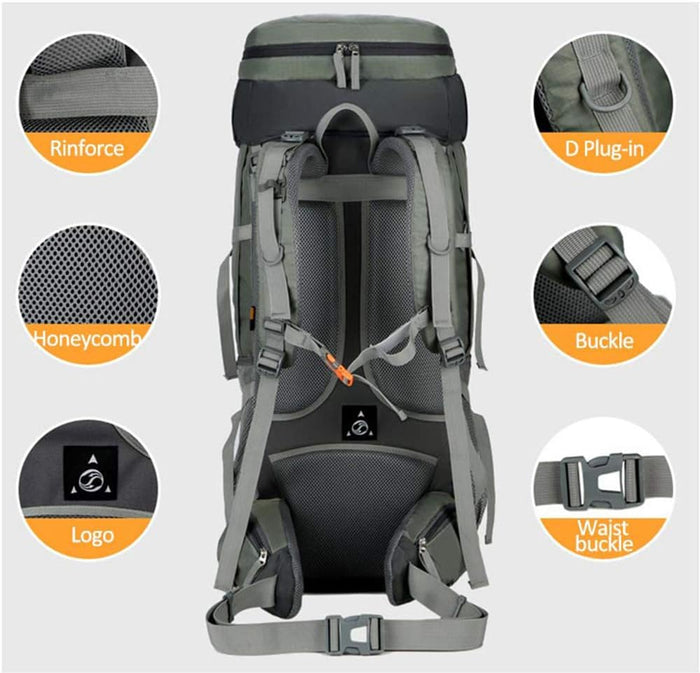 Blue ECOTREK 75L camping and hiking backpack with rain cover, suitable for outdoor travel and mountaineering adventures.