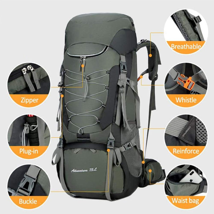 Blue ECOTREK 75L camping and hiking backpack with rain cover, outdoor travel mountaineering pack with adjustable straps and multiple compartments.