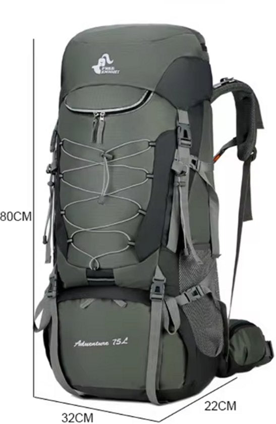 Blue ECOTREK 75L camping and hiking backpack with rain cover, designed for outdoor travel and mountaineering adventures.