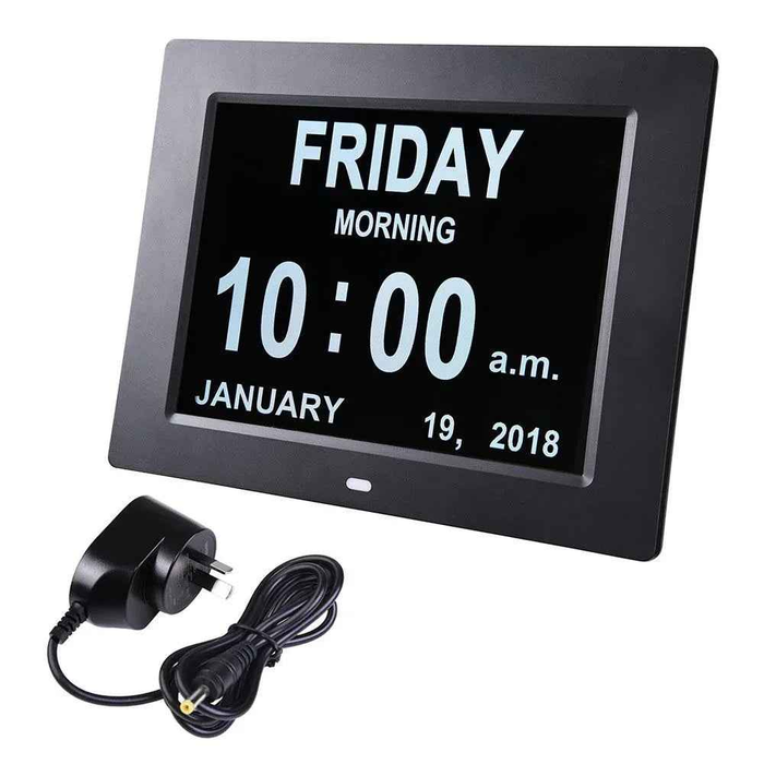 Black 8-inch digital calendar day clock by Eldertech, designed for dementia and Alzheimer’s patients, showing date and day display.
