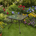 Square garden table with 80cm tempered glass top by dealonlinenz, featuring a sturdy metal frame for outdoor use
