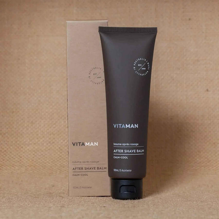 VITAMAN Australia men's after shave balm in a sleek container, part of men's skincare routine for soothing and hydrating skin.