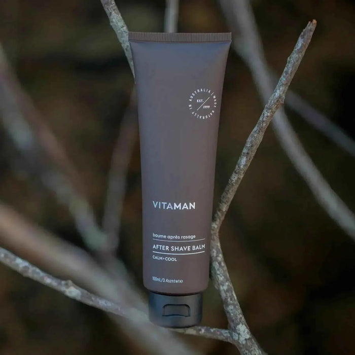 VITAMAN Australia men's after shave balm, soothing skincare product for men, in a sleek bottle with a pump dispenser.