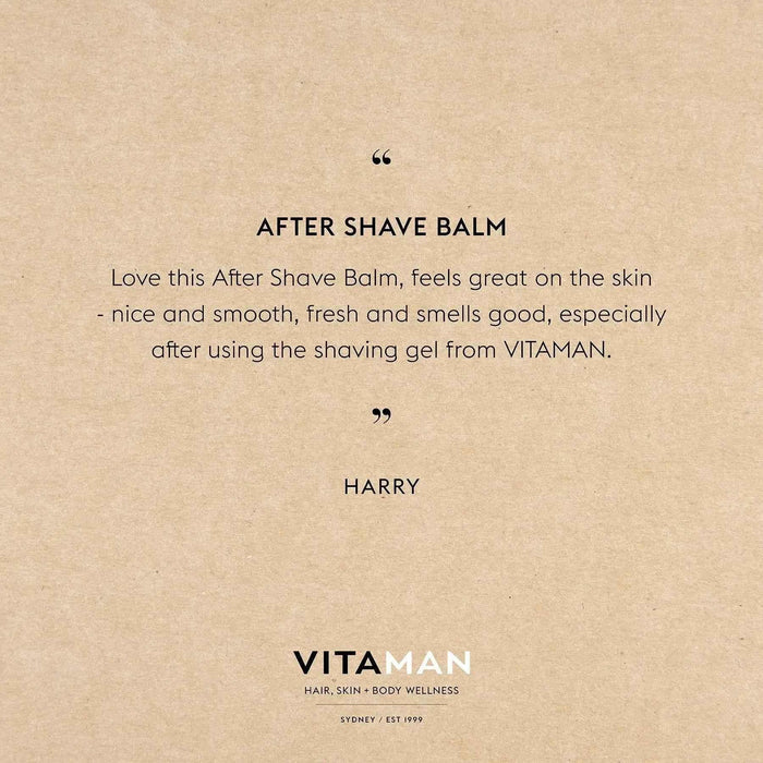 VITAMAN Australia men's after shave balm in a sleek container, part of skincare routine for revitalized, refreshed skin.