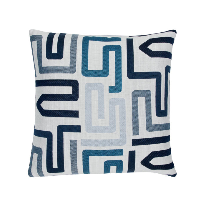 Navy and white geometric outdoor pillow for contemporary outdoor seating