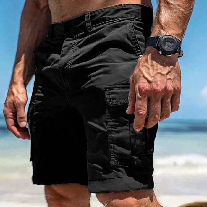 Black Stylish 3Sixty5 all-terrain summer cargo shorts with multiple pockets and casual fit, suitable for outdoor activities.