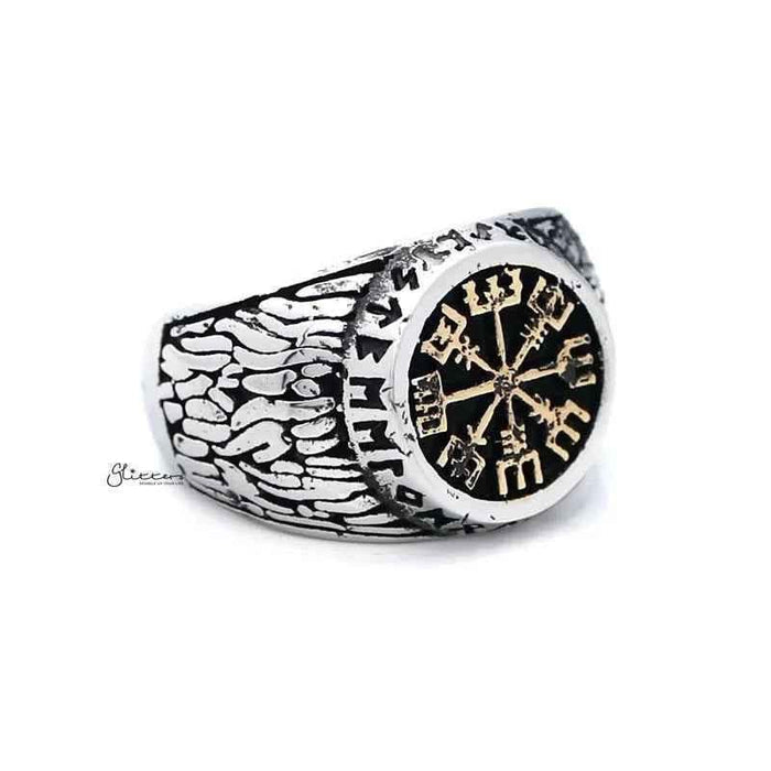 Antique gold Helm of Awe symbol stainless steel men's ring with intricate design, crafted by Glitters.