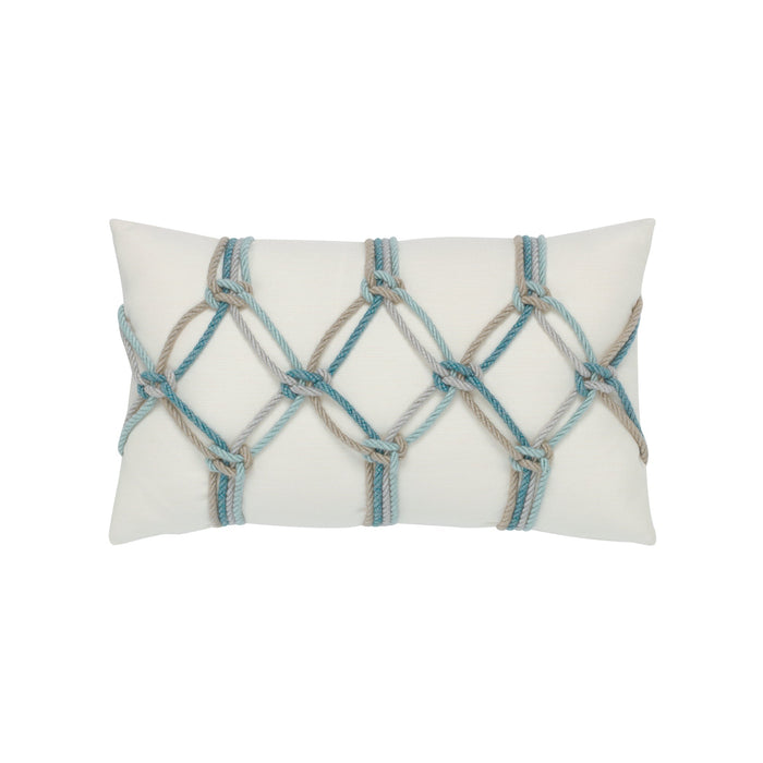 Ivory lattice-pattern with aqua rope detail outdoor pillow for elegant outdoor spaces